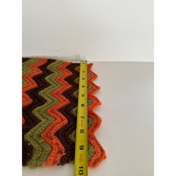 Handmade Chevron Knit Blanket - Brown Orange & Green Zigzag Pattern - 12"x12" - - Picture 4 of 5